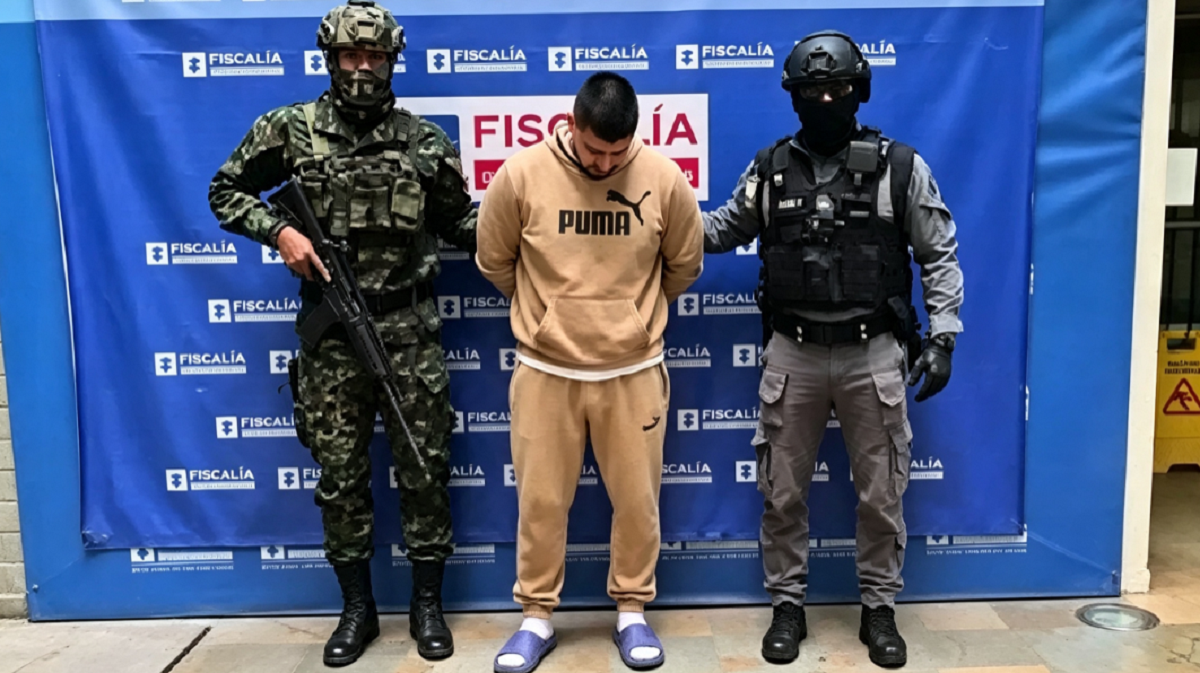 Agentes del CTI y el Ejército de Colombia custodian al detenido Daniel Uribe Jaramillo en Medellín.