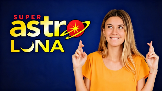 Boleto de la lotería Super Astro impreso sobre un mostrador de venta.