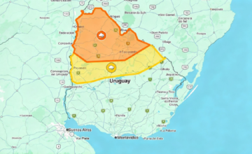 Mapa de advertencia meteorológica de Inumet con zonas teñidas de naranja y amarillo.