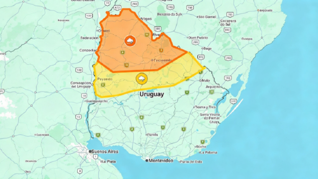Mapa de advertencia meteorológica de Inumet con zonas teñidas de naranja y amarillo.
