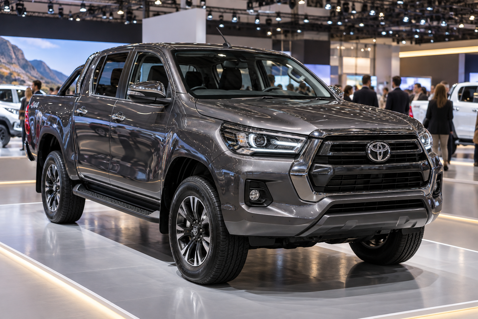 Camioneta Toyota Hilux en exhibición comercial de automóviles.
