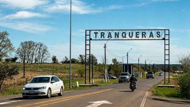 Patrullero policial en la entrada de la localidad de Tranqueras en Rivera.