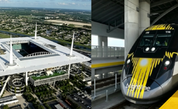 Formación del tren Brightline ingresando a la estación de Aventura en Florida.