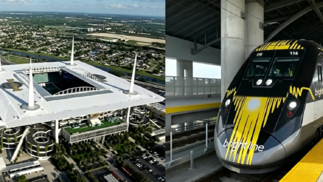 Formación del tren Brightline ingresando a la estación de Aventura en Florida.