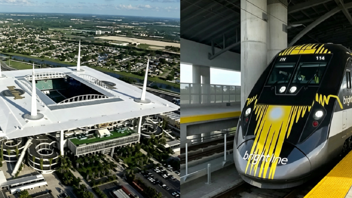Formación del tren Brightline ingresando a la estación de Aventura en Florida.