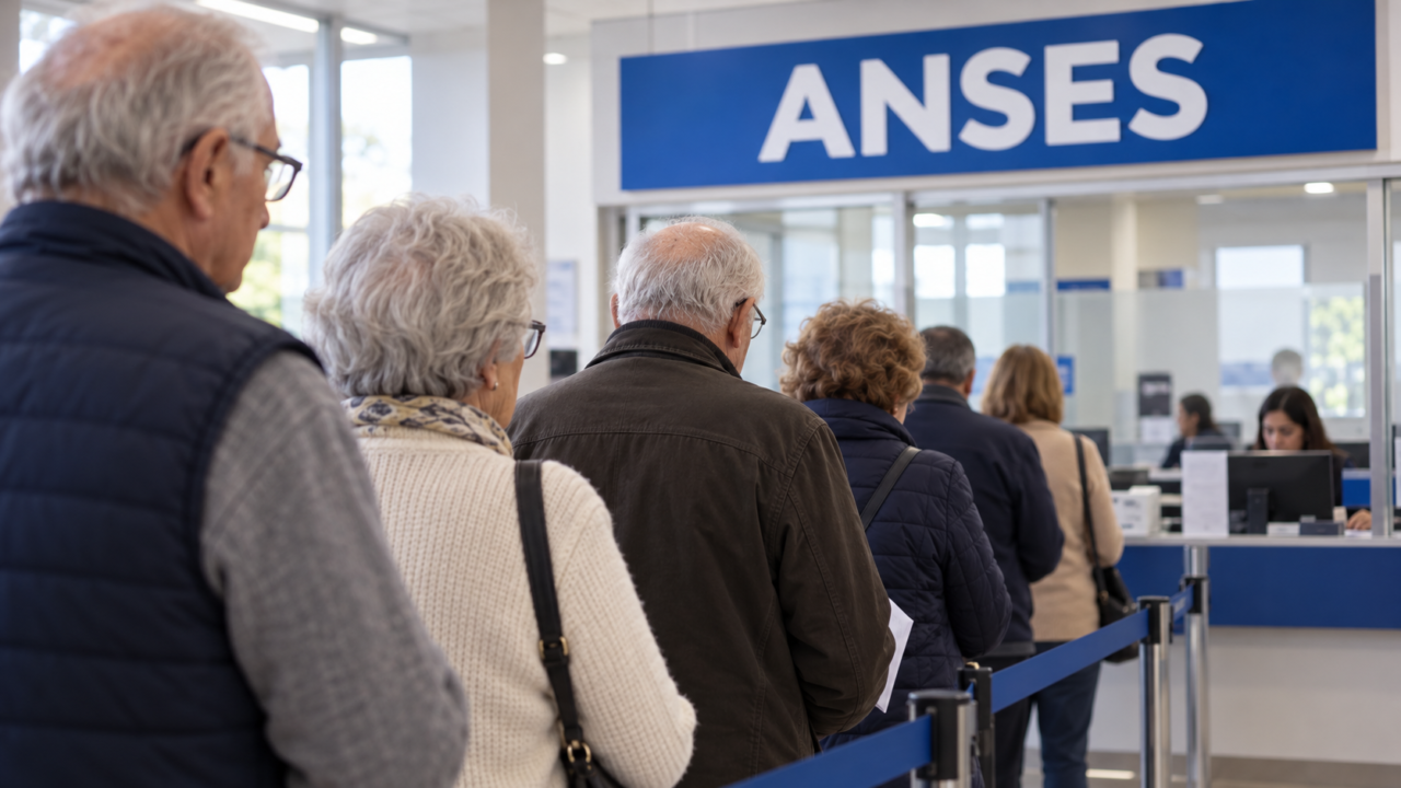 Jubilados esperando en la fila de una sucursal bancaria para cobrar sus haberes.
