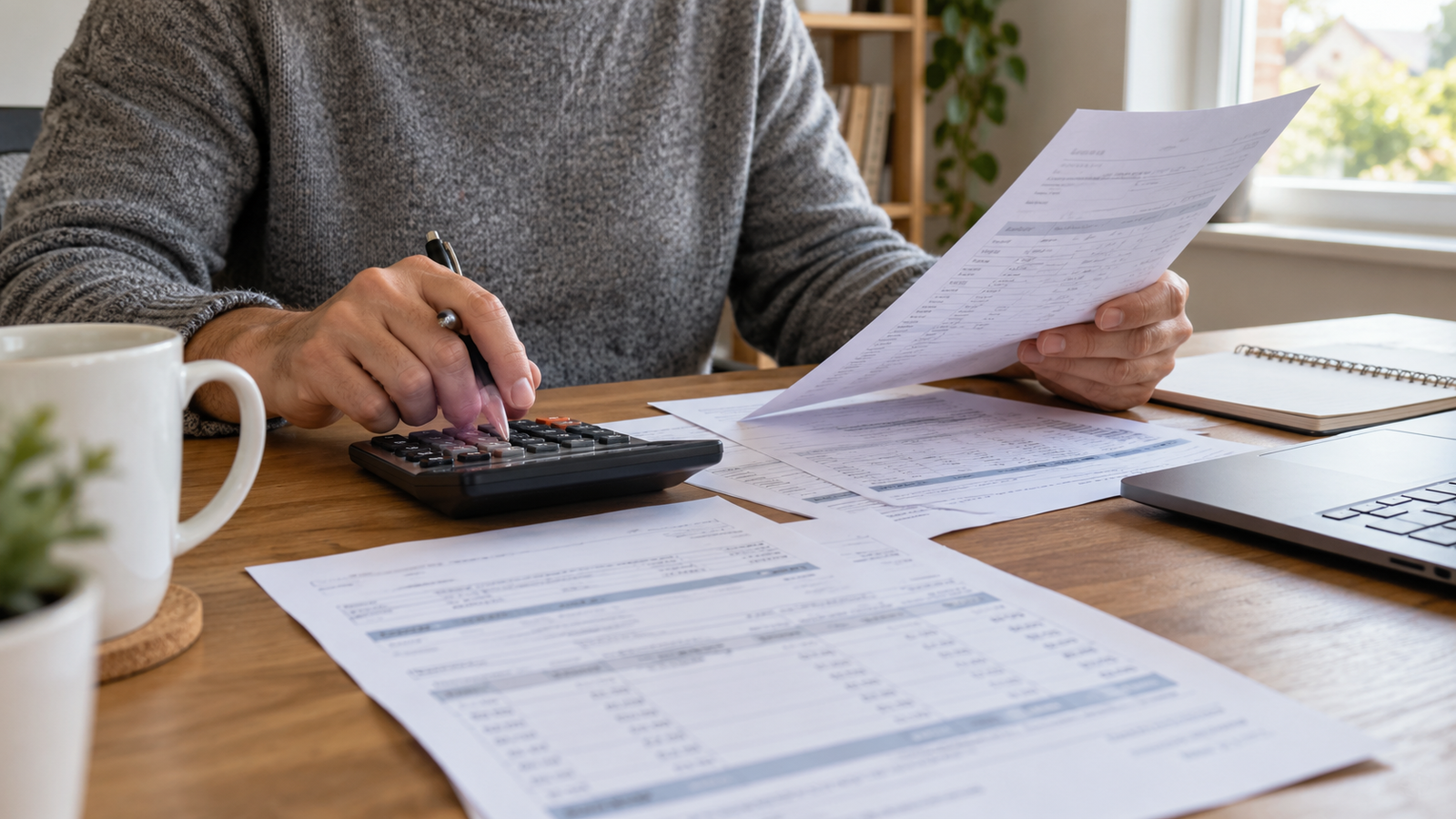 Persona revisando recibos de sueldo y haciendo cálculos con una calculadora en su escritorio.
