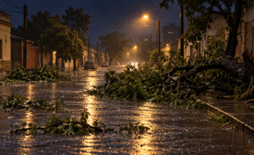 Captura de pantalla de video mostrando árboles caídos y calles anegadas en Salto durante el temporal.