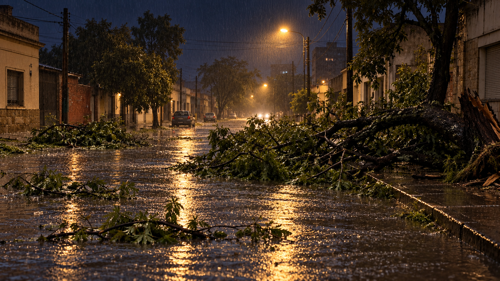 Captura de pantalla de video mostrando árboles caídos y calles anegadas en Salto durante el temporal.