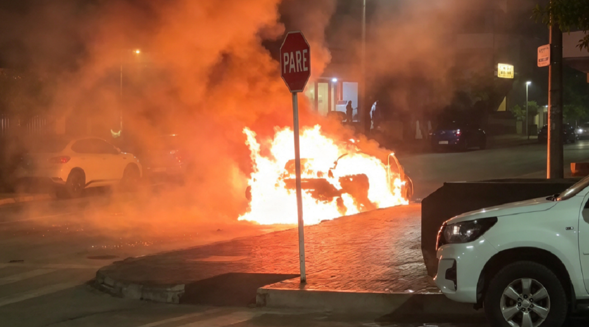 Un auto Mercedes Benz envuelto en llamas en la intersección de las calles 24 y 27 de Punta del Este.