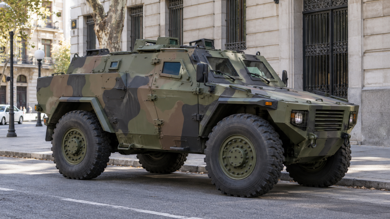 Vehículo blindado militar RPZ Cóndor pintado de camuflaje estacionado en una vía pública.