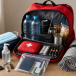 Mochila de emergencias con botiquín y linterna sobre una mesa.