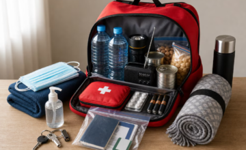 Mochila de emergencias con botiquín y linterna sobre una mesa.