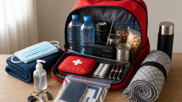 Mochila de emergencias con botiquín y linterna sobre una mesa.
