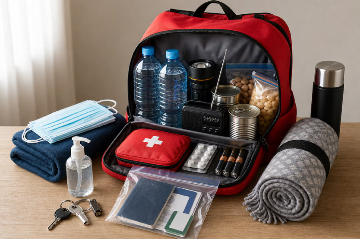 Mochila de emergencias con botiquín y linterna sobre una mesa.