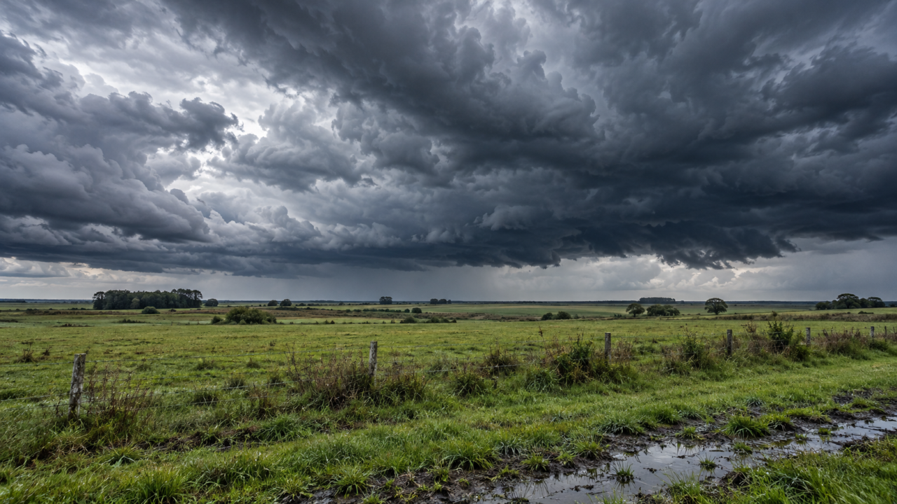 Campo uruguayo bajo un cielo nublado que anticipa lluvias intensas por el fenómeno de El Niño.