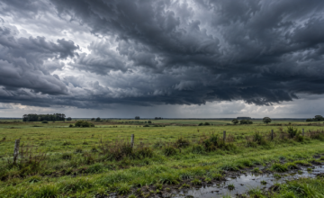 Campo uruguayo bajo un cielo nublado que anticipa lluvias intensas por el fenómeno de El Niño.