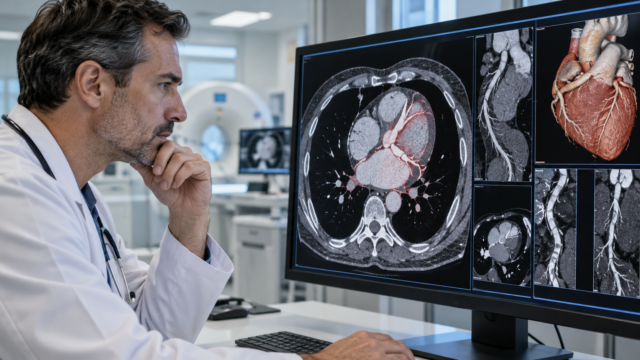 Médico cardiólogo analizando un estudio tomográfico del corazón en un monitor.