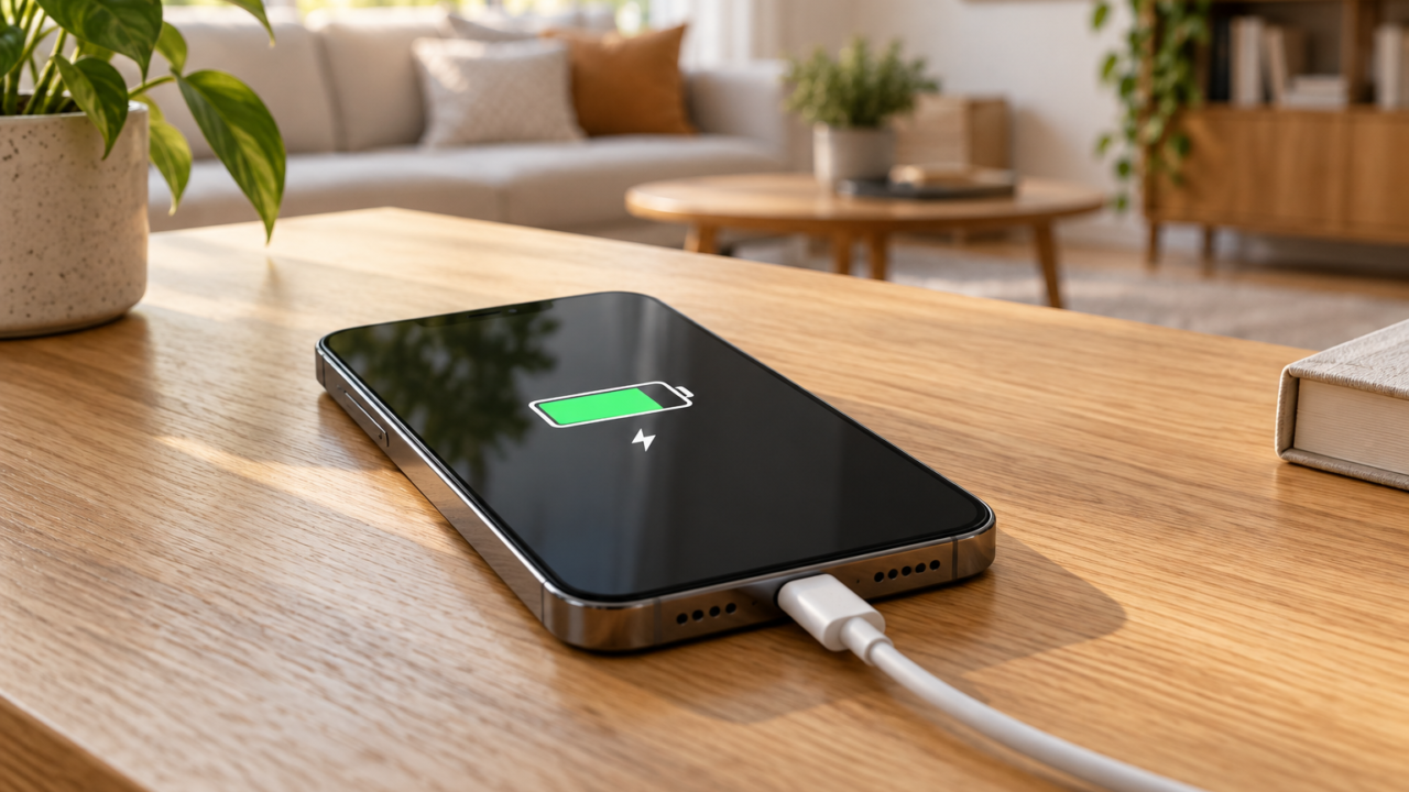 Celular inteligente cargándose sobre una superficie plana