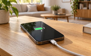 Celular inteligente cargándose sobre una superficie plana