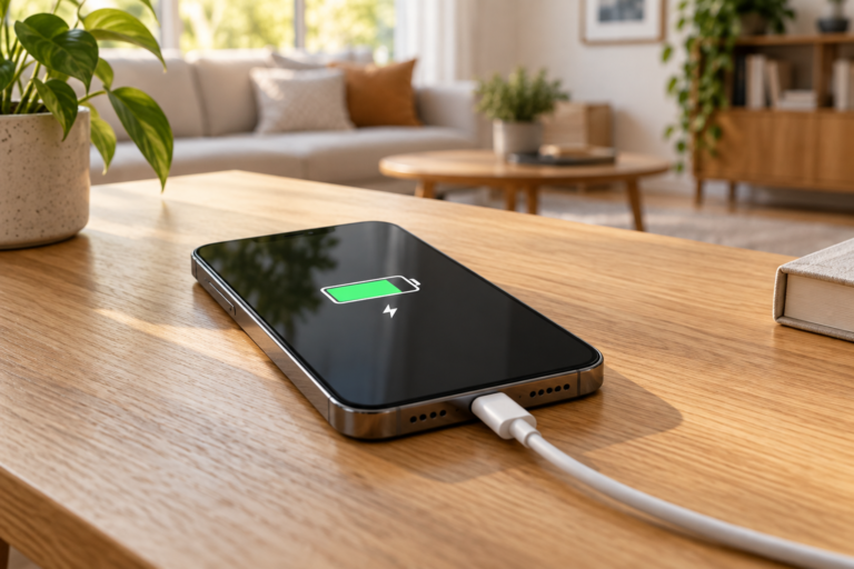 Celular inteligente cargándose sobre una superficie plana