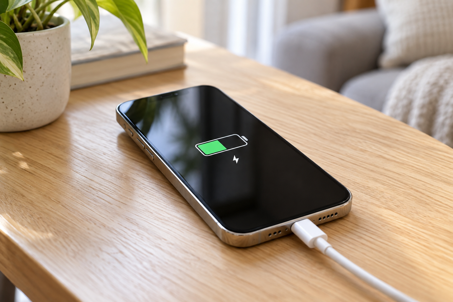 Smartphone conectado a su cargador en una mesa.