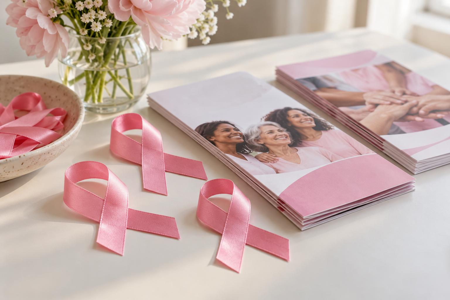 Lazos de concientización rosa junto a folletos informativos sobre salud.