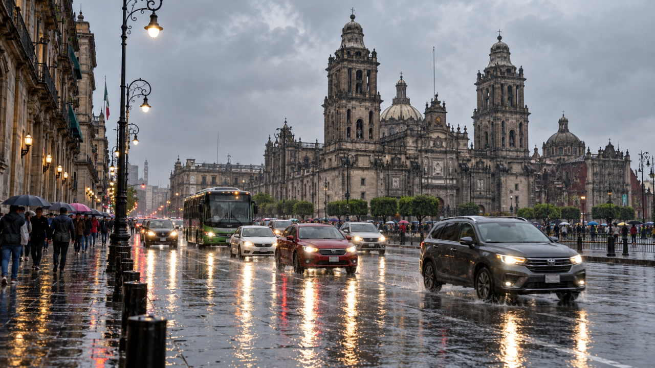 Vehículos circulando por una avenida mojada de la Ciudad de México frente a la Catedral Metropolitana bajo la lluvia.