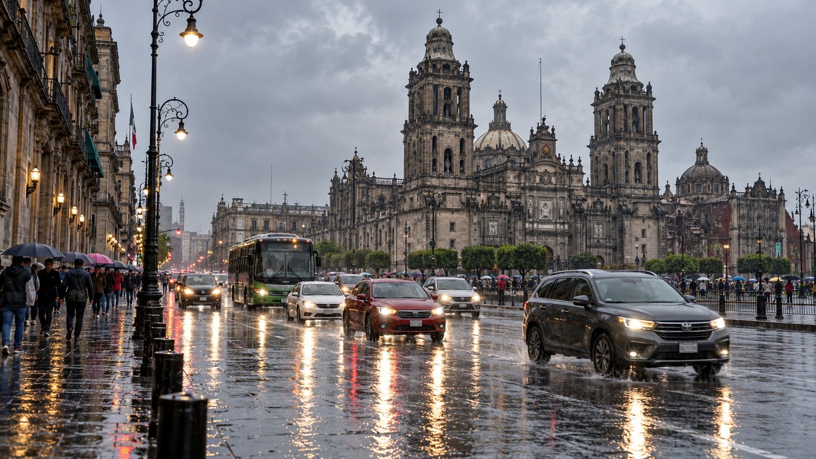Vehículos circulando por una avenida mojada de la Ciudad de México frente a la Catedral Metropolitana bajo la lluvia.