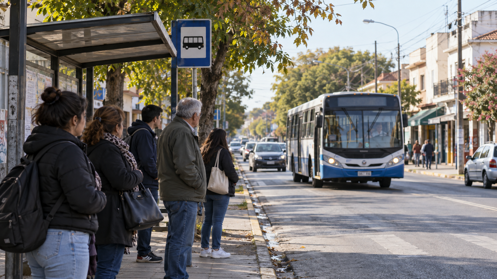 Pasajeros aguardando en la parada de colectivos en la Provincia de Buenos Aires.
