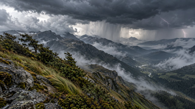 Imagen ilustrativa de nubes de tormenta y áreas montañosas expuestas a riesgos climáticos.