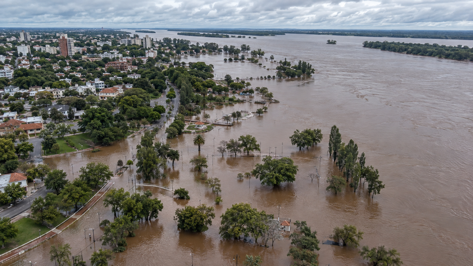 Vista aérea de las inundaciones provocadas por la crecida del río Uruguay en la costa del Litoral.