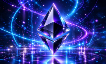 Ilustración tridimensional del logo de la criptomoneda Ether sobre un fondo digital brillante.