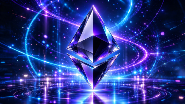 Ilustración tridimensional del logo de la criptomoneda Ether sobre un fondo digital brillante.