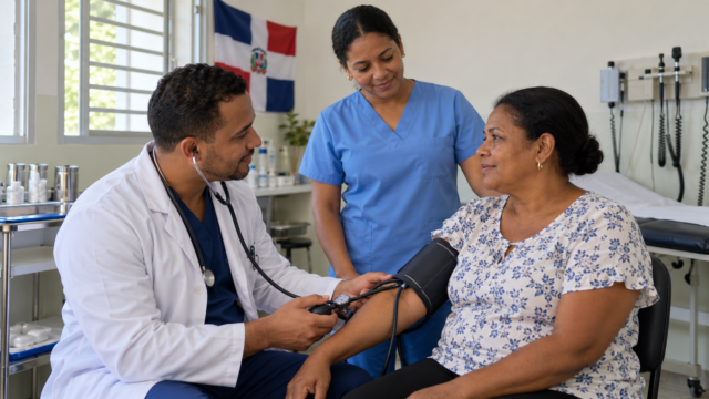 Personal médico atendiendo a un paciente en un centro de atención primaria en República Dominicana.