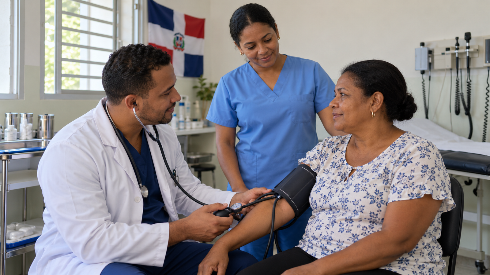 Personal médico atendiendo a un paciente en un centro de atención primaria en República Dominicana.