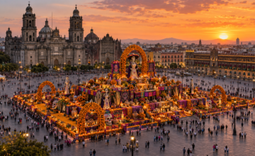 Vista general de la Megaofrenda de Día de Muertos instalada en la Plaza de la Constitución de la Ciudad de México.