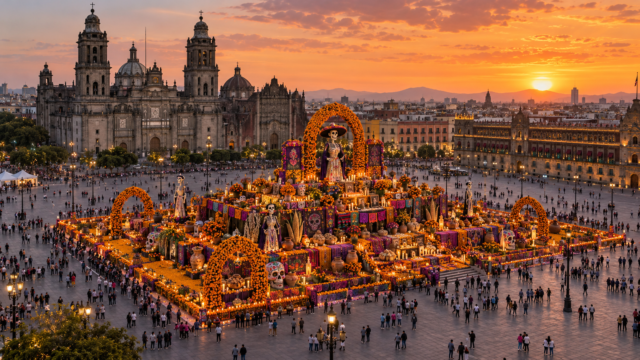 Vista general de la Megaofrenda de Día de Muertos instalada en la Plaza de la Constitución de la Ciudad de México.