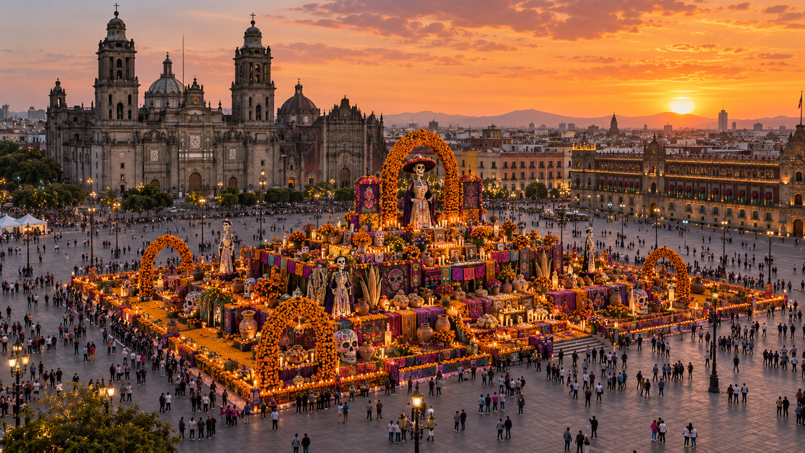 Vista general de la Megaofrenda de Día de Muertos instalada en la Plaza de la Constitución de la Ciudad de México.