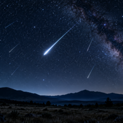 Fotografía nocturna de larga exposición mostrando trazos brillantes de meteoros en el cielo estrellado.