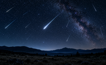 Fotografía nocturna de larga exposición mostrando trazos brillantes de meteoros en el cielo estrellado.