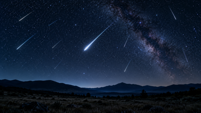 Fotografía nocturna de larga exposición mostrando trazos brillantes de meteoros en el cielo estrellado.