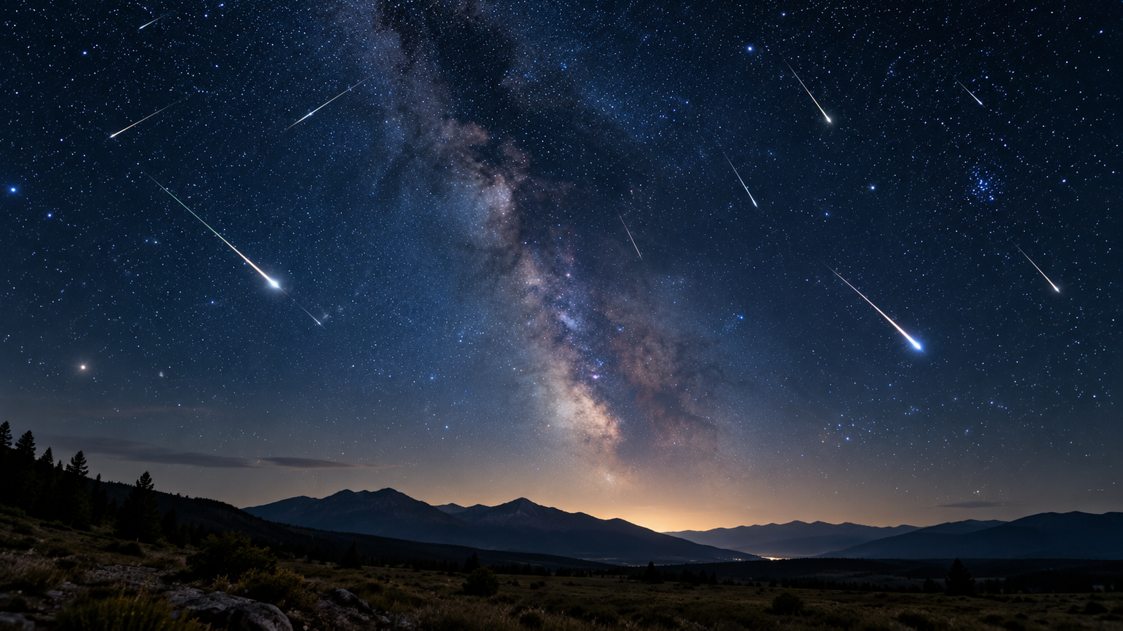 Vista de estrellas y destellos de la lluvia de meteoros sobre el horizonte nocturno.