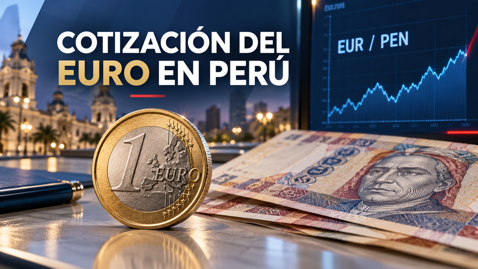 Billetes de euros y soles peruanos sobre una mesa de cambio financiero.