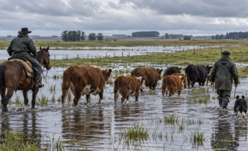 Productores rurales arriando ganado vacuno a través de campos inundados.