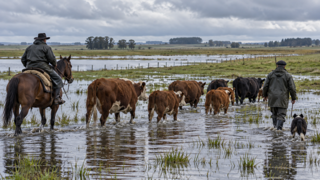 Productores rurales arriando ganado vacuno a través de campos inundados.