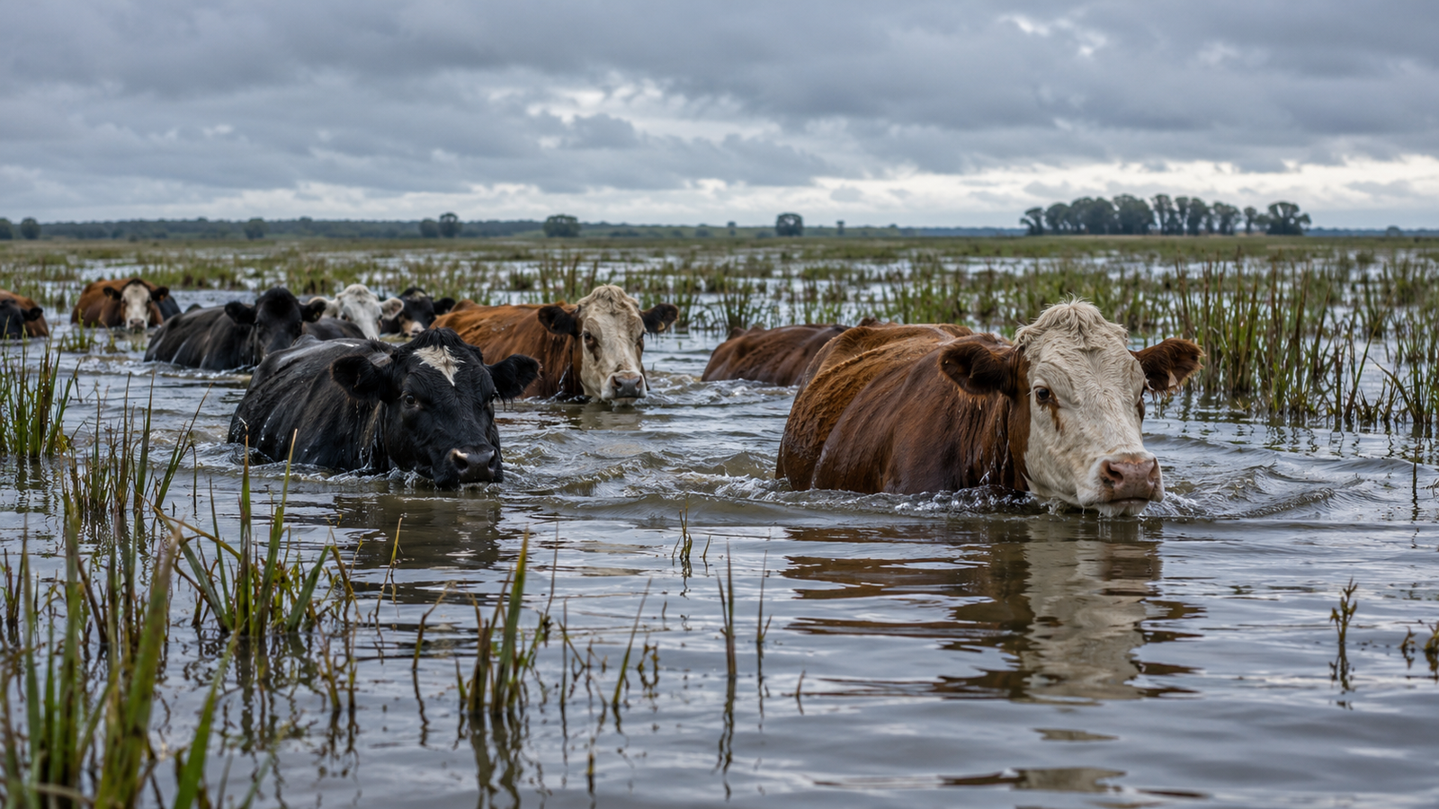 Vacas cruzando una zona de bañados con el agua a la altura del cuerpo.