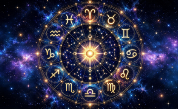 Ilustración con los doce símbolos del zodiaco dispuestos en un círculo astral brillante.