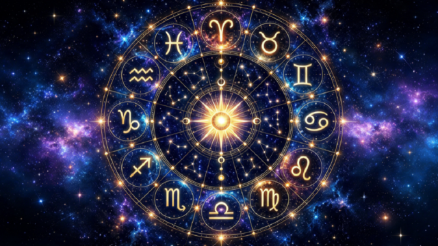 Ilustración con los doce símbolos del zodiaco dispuestos en un círculo astral brillante.
