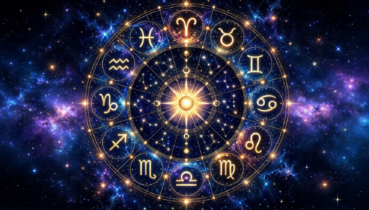 Ilustración con los doce símbolos del zodiaco dispuestos en un círculo astral brillante.